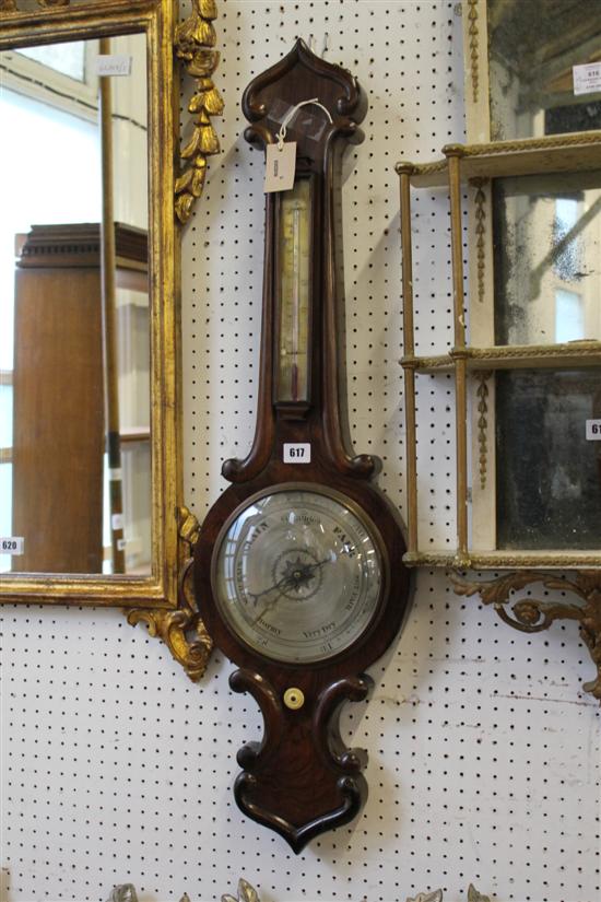 Victorian rosewood wheel barometer, with engraved silvered dial & thermometer(-)